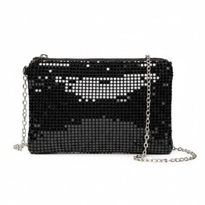 Cruise Club Sequin Mesh Chain Clutch Crossbody Bag Womens Black Glam Evening